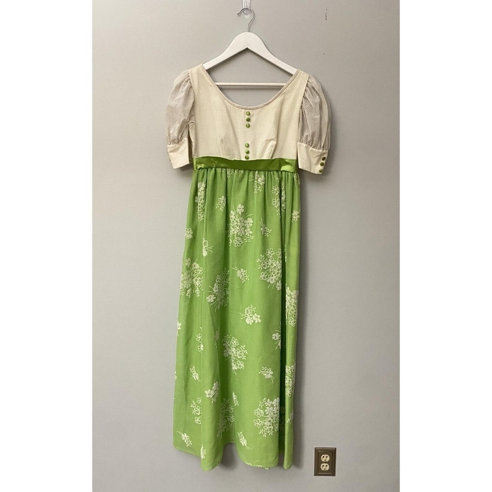 Vintage 60s Cari-Lyn Green Floral Swiss Dot Empire Waist Dress Prairie Cottage